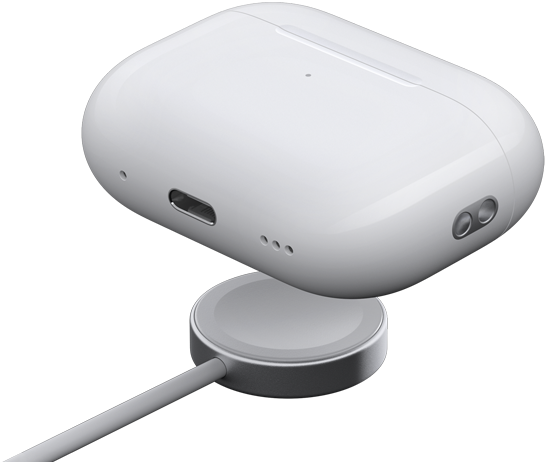 AirPods Pro 2 charging case above an Apple Watch charger