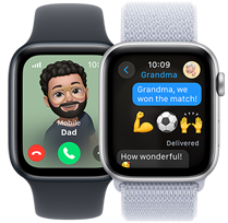 Two Apple Watch SE. The first shows an incoming call from Dad. The second shows a child texting "Grandma! We won the match!"