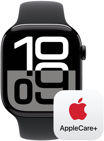 Apple Watch Series 10 next to an AppleCare+ logo, representing AppleCare+ coverage.