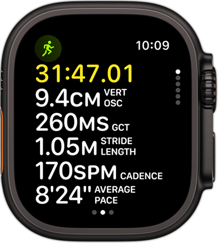 Running form metrics providing the person’s pace and distance